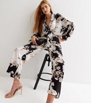 Cameo Rose Black Floral Satin Wide Leg Trousers